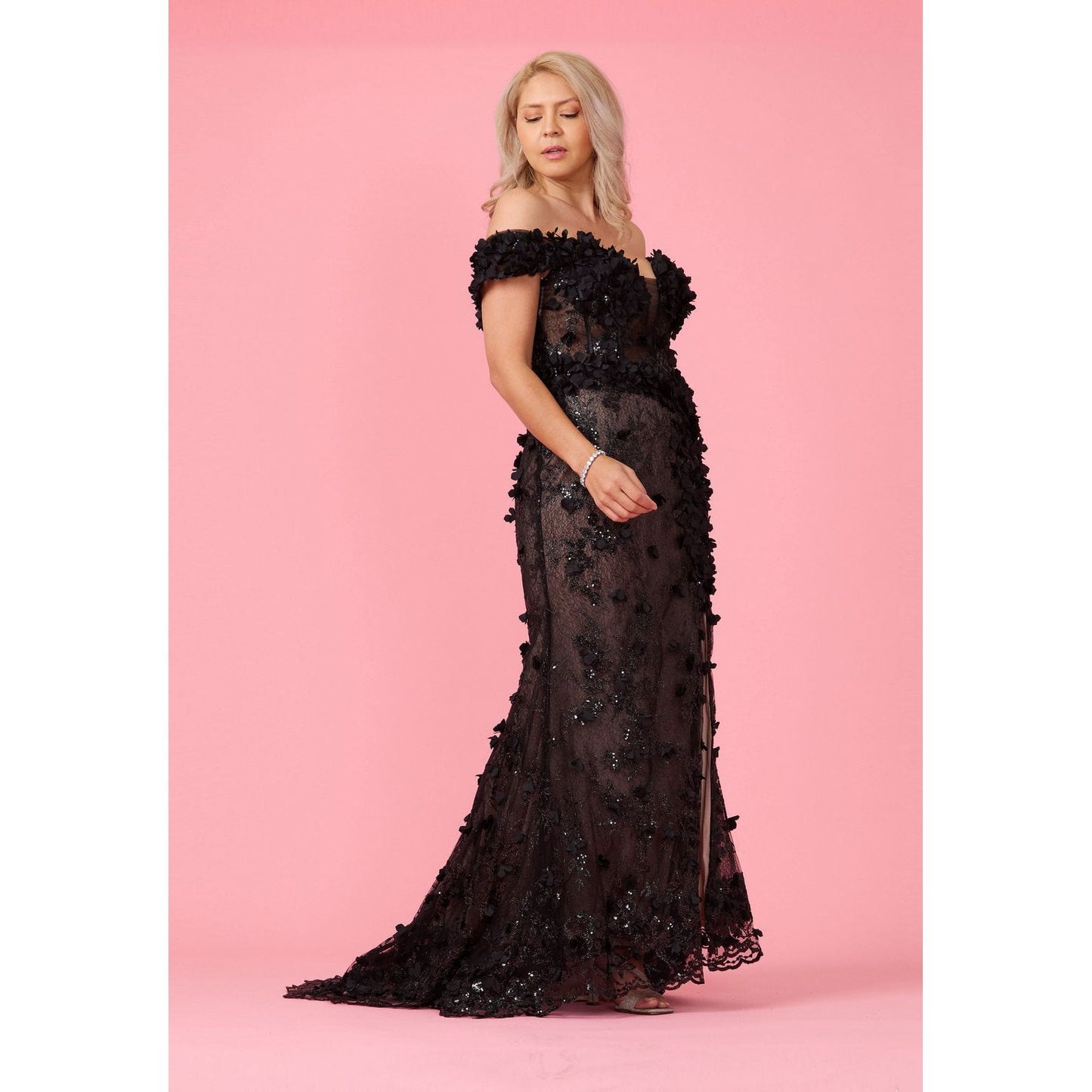 Long Formal 3D Floral Off Shoulder Corset Dress
