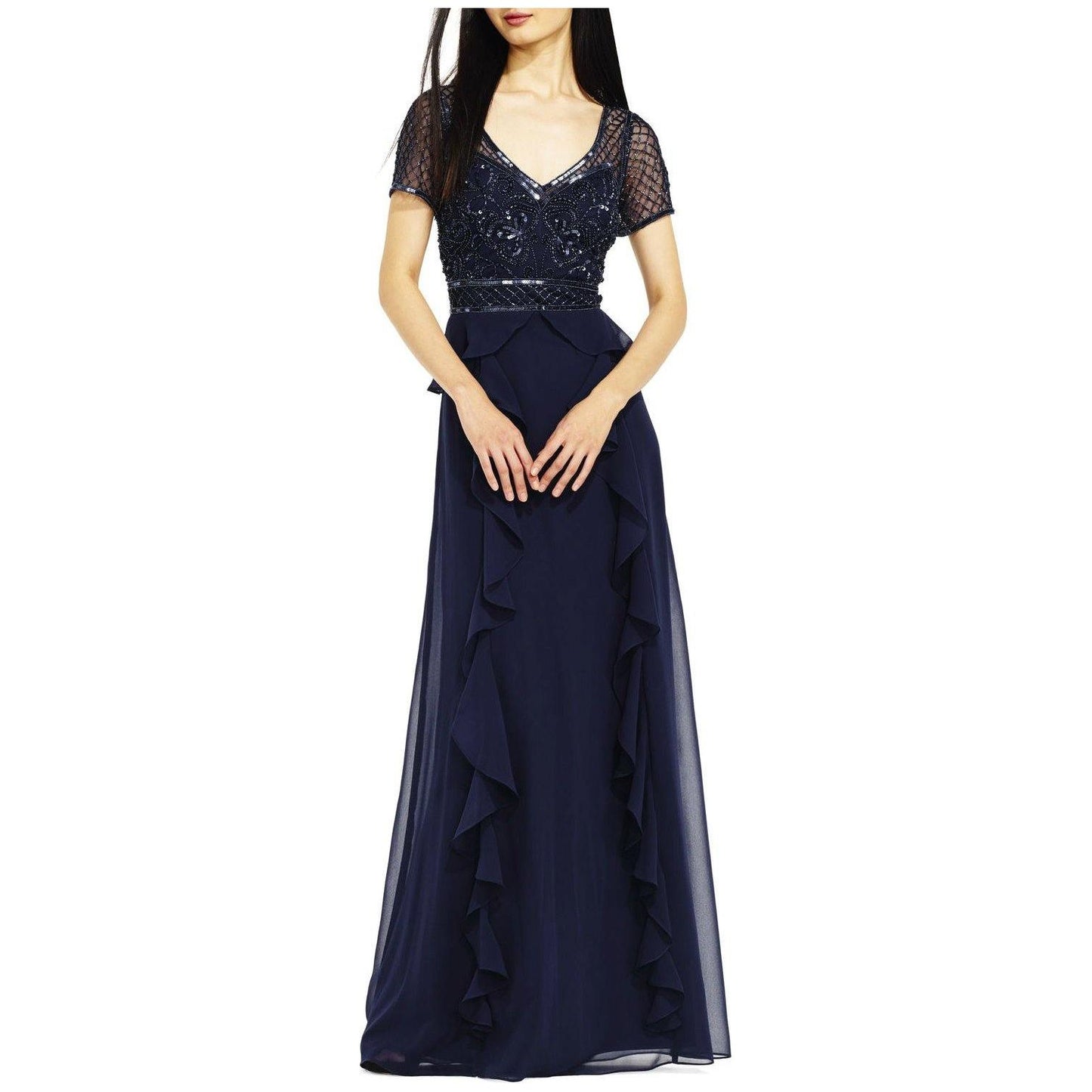 Navy Ruffled Chiffon Dress
