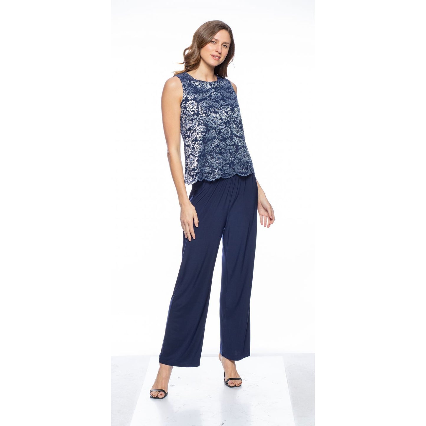 Navy Silver Lace Jacket 3 Piece Pant Set