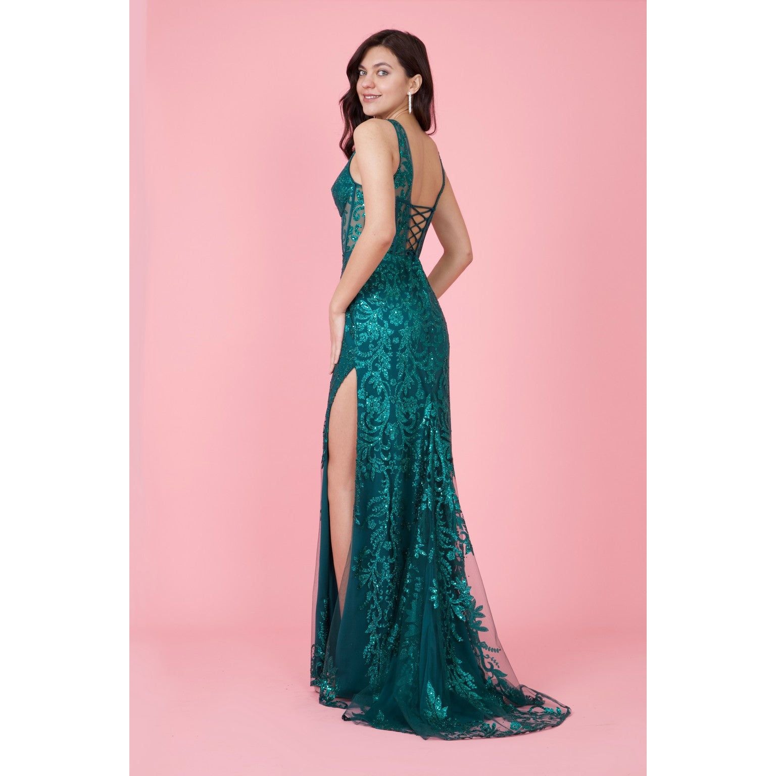 Sequin V Neck Corset Prom Dress