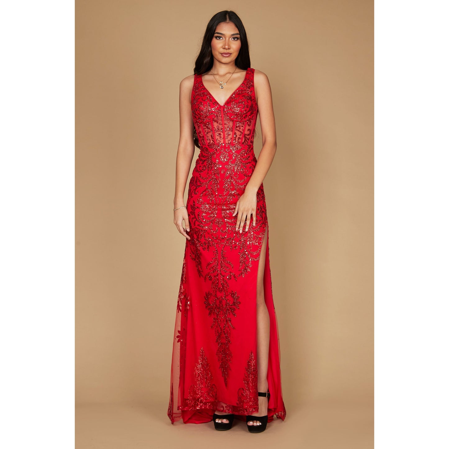 Sequin V Neck Corset Prom Dress