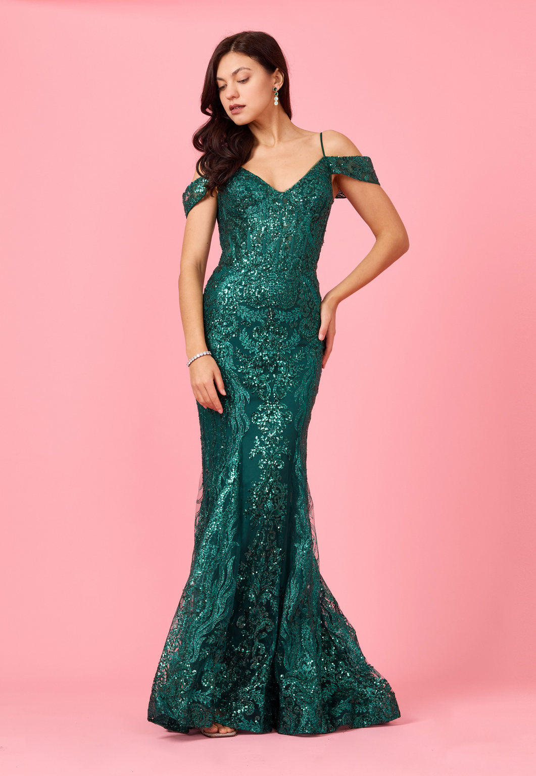 Glittering Off Shoulder Sequin Corset Gown for Elegant Nights