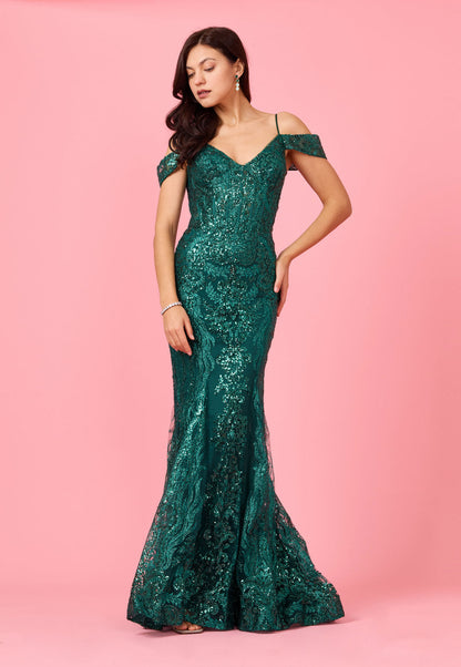 Glittering Off Shoulder Sequin Corset Gown for Elegant Nights