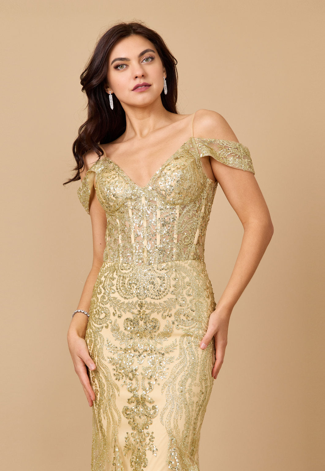Glittering Off Shoulder Sequin Corset Gown for Elegant Nights