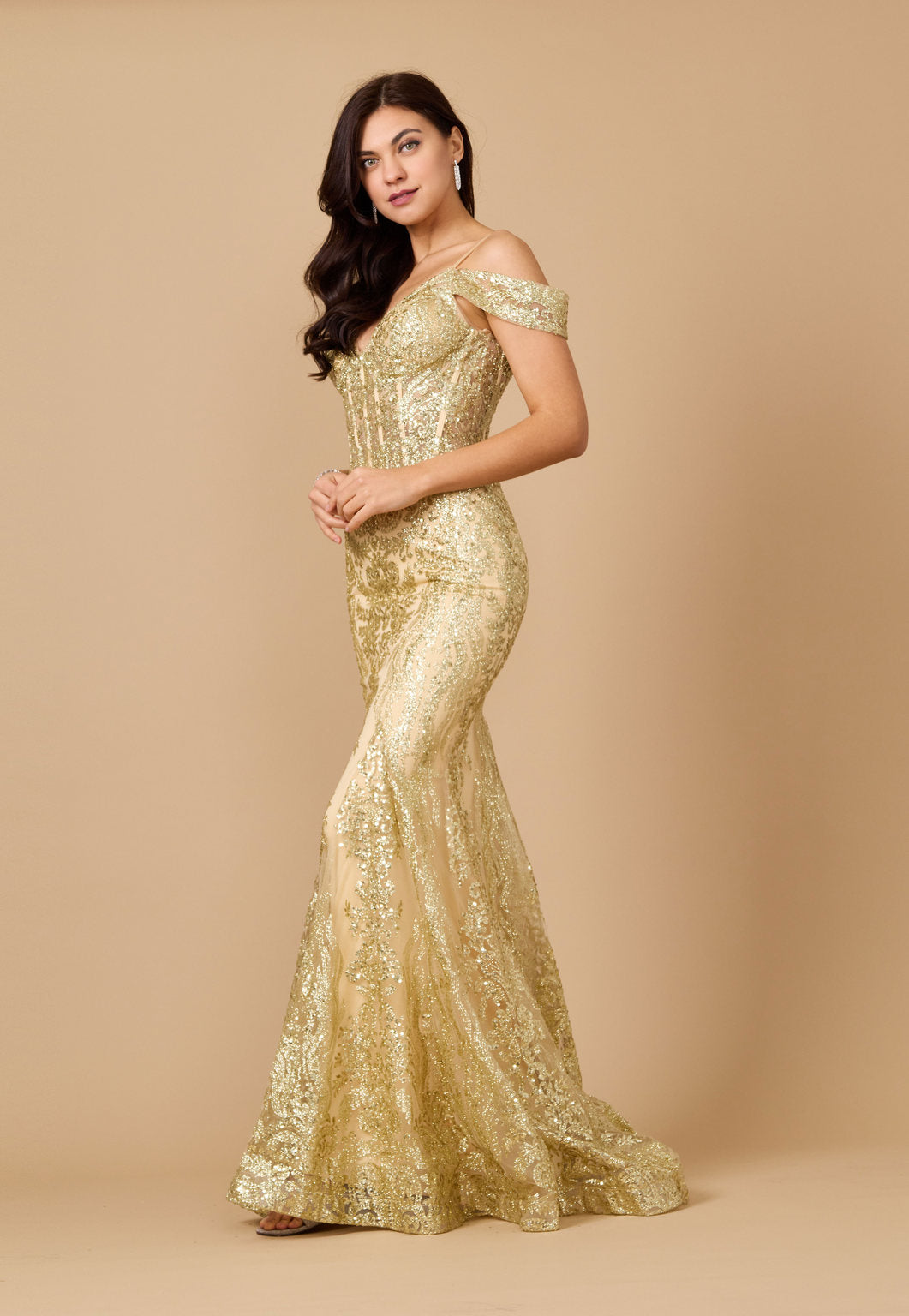 Glittering Off Shoulder Sequin Corset Gown for Elegant Nights