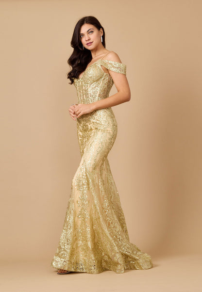 Glittering Off Shoulder Sequin Corset Gown for Elegant Nights