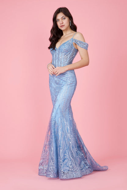 Glittering Off Shoulder Sequin Corset Gown for Elegant Nights