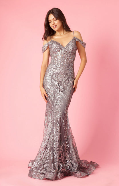 Glittering Off Shoulder Sequin Corset Gown for Elegant Nights