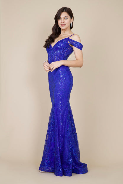 Glittering Off Shoulder Sequin Corset Gown for Elegant Nights