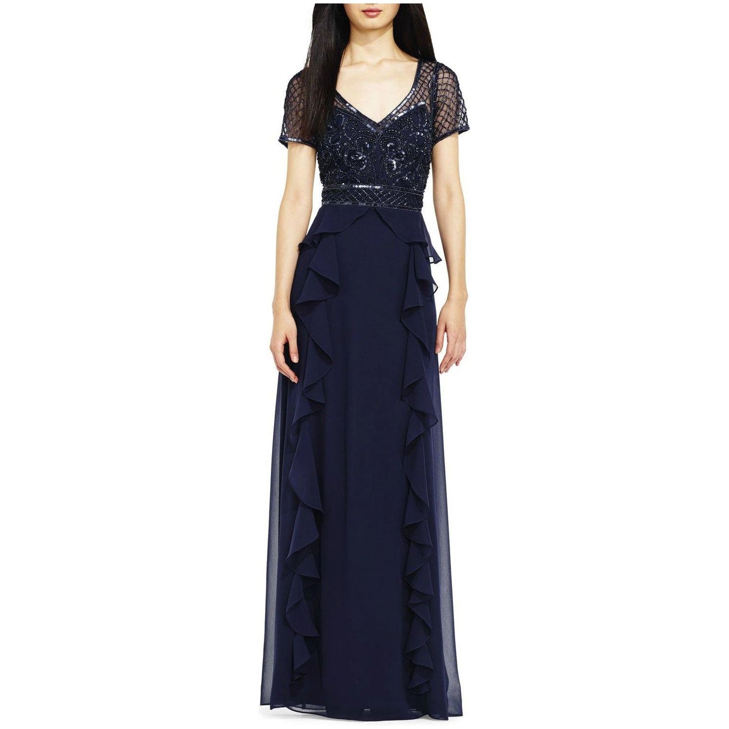 Navy Ruffled Chiffon Dress