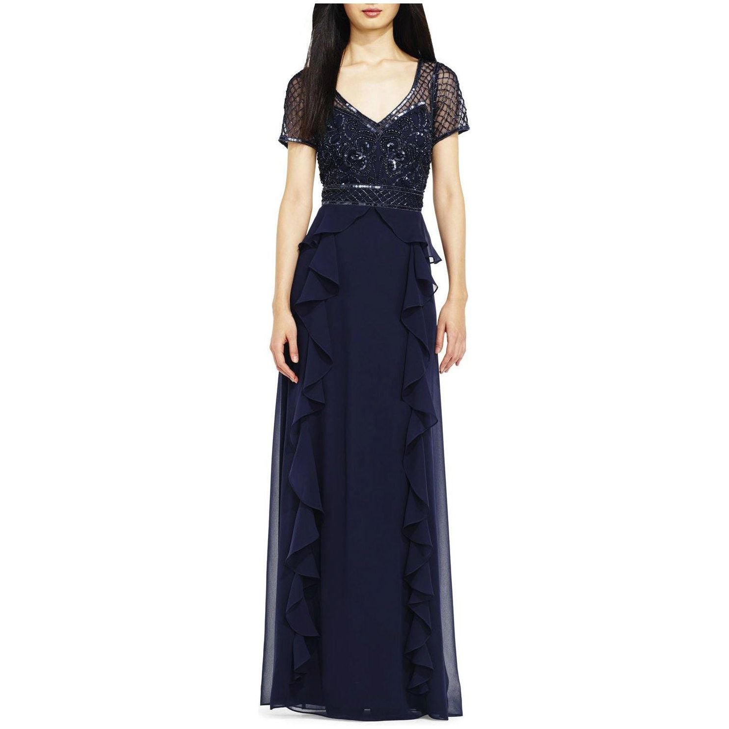 Navy Ruffled Chiffon Dress