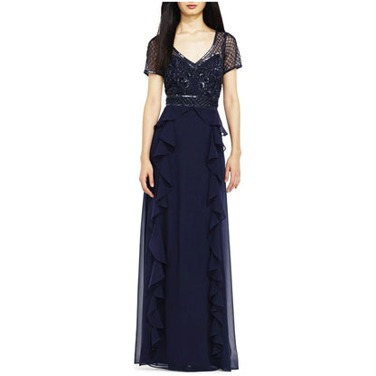 Navy Ruffled Chiffon Dress