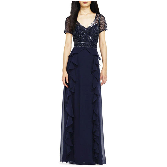Navy Ruffled Chiffon Dress