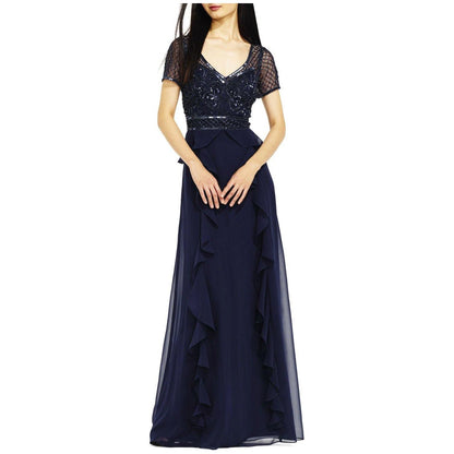 Navy Ruffled Chiffon Dress