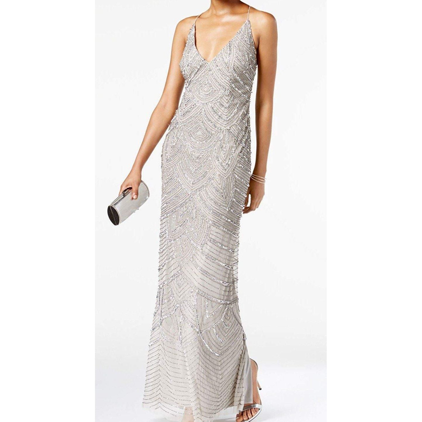 Adrianna Papell Long Silver Spaghetti Strap Dress