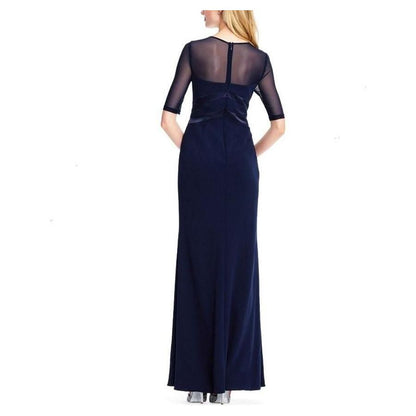 Adrianna Papell Short Sleeve Banded Mesh Long Dress